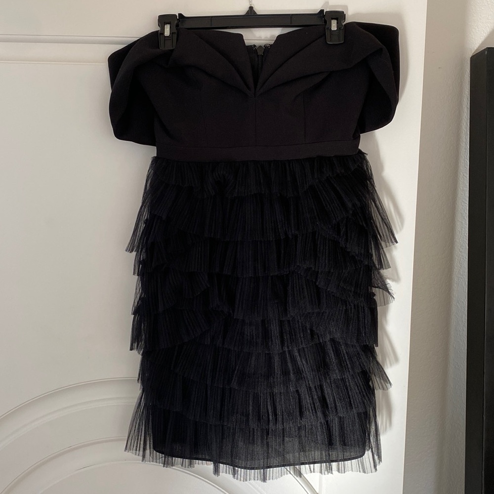 BCBG MazAzria Black Tulle Off the Shoulder Cocktail dress
